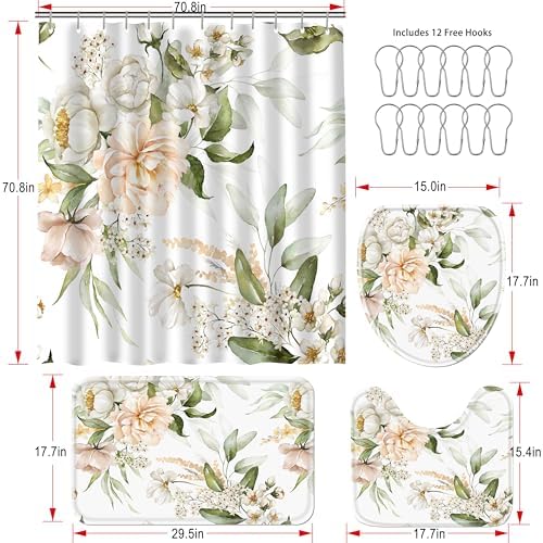 16 PCS Floral Bathroom Shower Curtain Set with Rugs 12 Metal Hooks,72 x 72"
