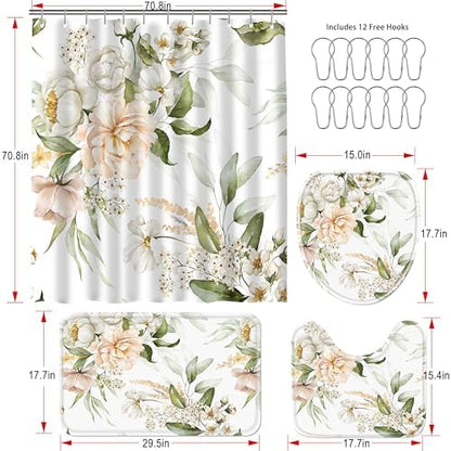 16 PCS Floral Bathroom Shower Curtain Set with Rugs 12 Metal Hooks,72 x 72"