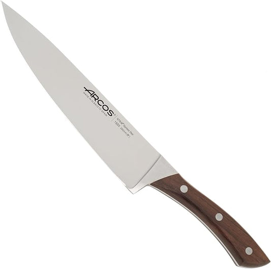 Arcos Chef Knife 8 Inch Nitrum Stainless Steel and 200 mm blade. Professional Multipurpose Cooking Knife. Ergonomic Polyoxymethylene POM Rosewood Handle. Series Natura.