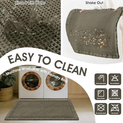 Upgraded Waffle Bath Mat, 32"x20" Greyish Green-Bordered, Super Absorbent Non-Slip Quick Dry Bathroom Rugs with Tassels, Machine Washable Ultra Soft Boho Bath Rugs, Toilet Mats Boho Farmhouse Decor