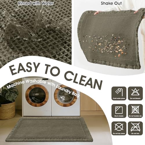 Upgraded Waffle Bath Mat Set 3 Piece Greyish Green-Bordered, Super Absorbent Non-Slip Quick Dry Bathroom Rugs with Tassels, Machine Washable Ultra Soft Boho Bath Rugs, Toilet Mats Boho Farmhouse Decor