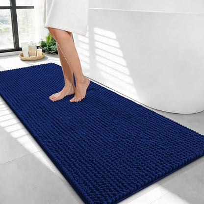 OLANLY Thick Chenille Bathroom Runner Rugs 44x24, Absorbent Bath Mat, Navy