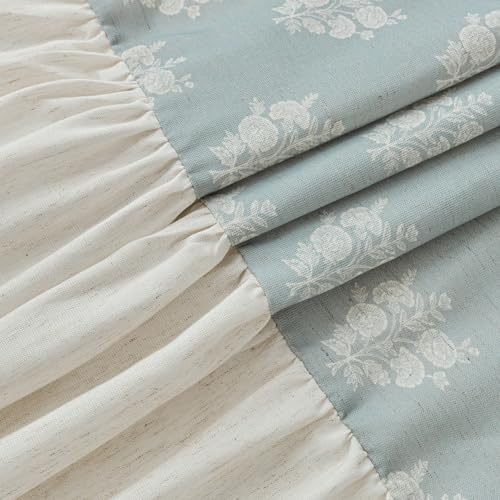 ORTIGIA Linen Textured Ruffle Shower Curtain with Metal Hooks, Blue Vintage Block Print Floral Boho Waterproof Bath Curtain for Rustic Farmhouse Bathroom Decor 72x72 Inch