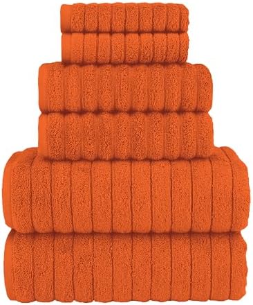 Elegant Comfort 100% Turkish Cotton Corduroy Ribbed Luxury Bath Towels 6-Piece Set, Premium Feel - Quick Dry, Highly Absorbent, Contains 2 Bath Towels, 2 Hand Towels, and 2 Washcloths, Orange