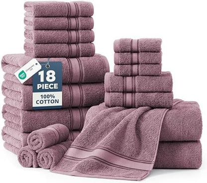 LANE LINEN Towel Set 18 Piece Soft Absorbent Quick Dry - Wishful Mauve