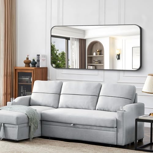Black Bathroom Mirror, 66x30 inch Aluminum Metal Frame Rectangular Vanity Mirror, Large Wall Mounted Rectangle Mirrors with Rounded Corner for Over Sink Bedroom Living Room Horizontal/Vertical