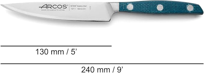 Arcos Forged Vegetable Knife Stainless Steel 5 Inch. Ergonomic Polyoxymethylene POM Handle & Special Silk Silver Blade 130 mm. Series Manhattan. Black Color.