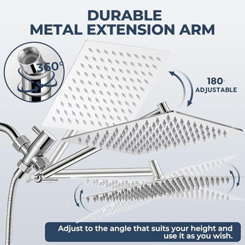 Shower Head, Rain Shower Head with Handheld Spray Combo, 8 Inch Adjustable High Pressure Rainfall Shower Head, Dual Showerhead Set with Extension Arm