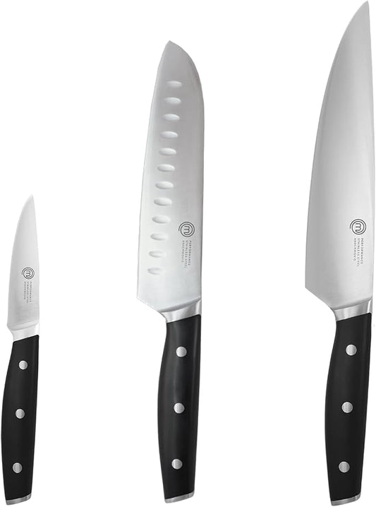 MasterChef Chef Knife Set of 3 Professional Quality Kitchen Knives (Chef, Santoku & Paring) for Precision Home Cooking, High Carbon Stainless Steel Blades & Triple Riveted Handles