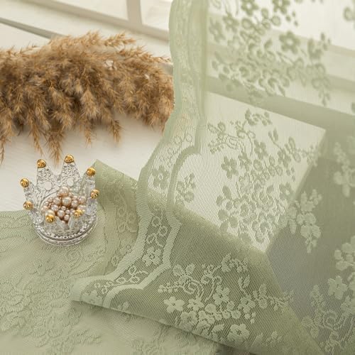 TUDECO Stand Up Sage Green Lace Shower Curtain with Valance, 36''W x 72''L