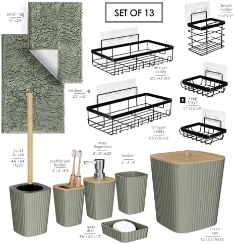 Clara Clark Bathroom Set - Sage Green Bathroom Accessories Set, 6PC Bathroom Accessory Set, Bathroom Sets with Bathroom Rugs, Adhesive Corner Shower Caddy Hanging, Toilet Brush & Trash Can
