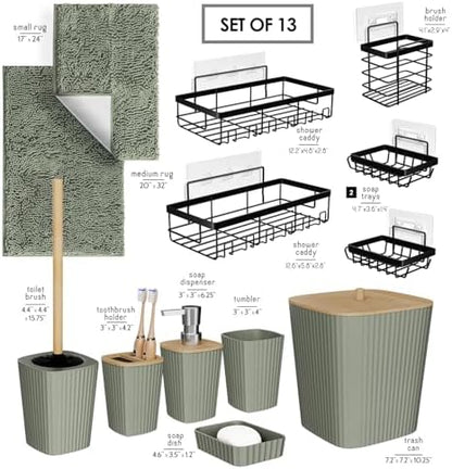 Clara Clark Bathroom Set - Sage Green Bathroom Accessories Set, 6PC Bathroom Accessory Set, Bathroom Sets with Bathroom Rugs, Adhesive Corner Shower Caddy Hanging, Toilet Brush & Trash Can