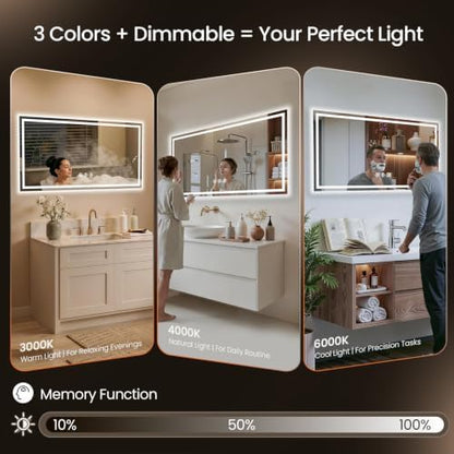 48"x24" LED Bathroom Mirror with Anti-Fog, Backlit & Front Lights, Memory