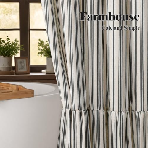 Farmhouse Shower Curtain Ruffle Linen Cream-Black Stripe 72"W x 96"L
