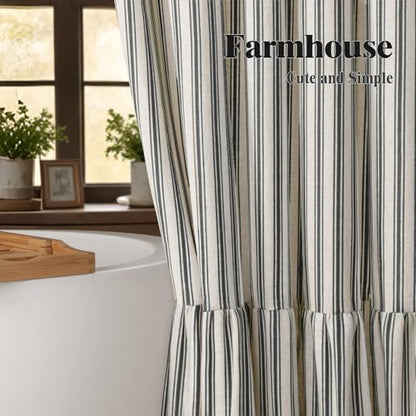 Farmhouse Shower Curtain Ruffle Linen Cream-Black Stripe 72"W x 96"L