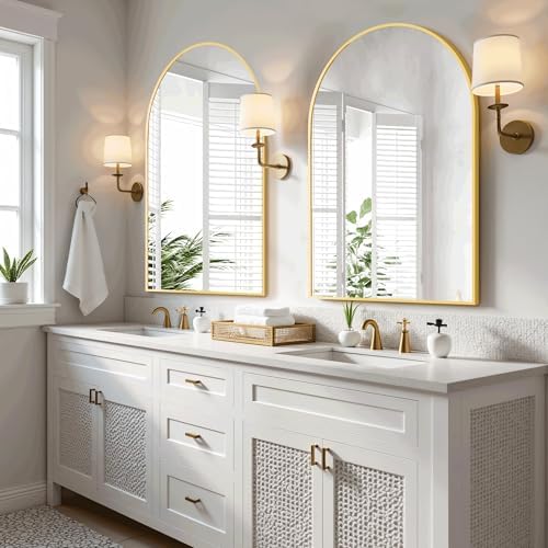 Arched Bathroom Mirror for Wall, 30" x 20" Metal Frame Vanity Mirror, Gold
