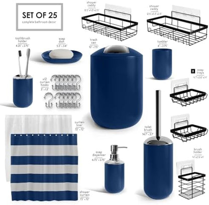 Clara Clark Bathroom Accessories Set - Bathroom Set with Adhesive Corner Shower Caddy Hanging, 25PC Bathroom Accessory Set, Navy Shower Curtain Set, Toilet Brush, Trash Can & Soap Dispenser