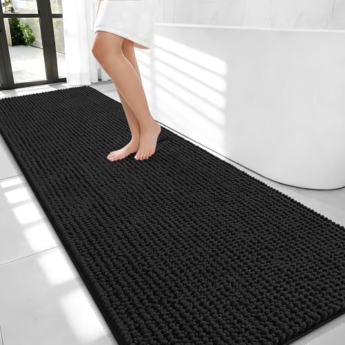 OLANLY Thick Chenille Bathroom Runner Rugs 70x24, Absorbent Bath Mat, Black