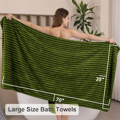8 Pcs Dark Green Cabana Stripe Large Bath Towel Set Oversized Bath Sheet-2 Bath Towels,2 Hand Towels,4 Washcloths Soft Jumbo Towels Absorbent Shower Towel Beach Chair Towels Spa Gym Hotel Towel