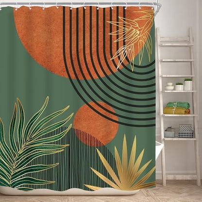 Mid Century Green Orange Boho Abstract Modern Bathroom Shower Curtain Set
