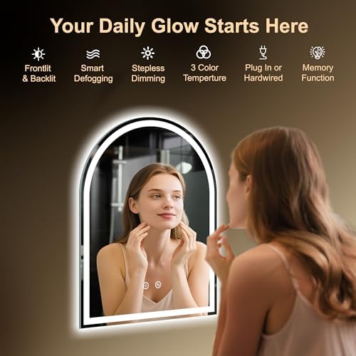 Arched LED Lighted Bathroom Mirror with Lights 28"x36"Smart Anti-Fog