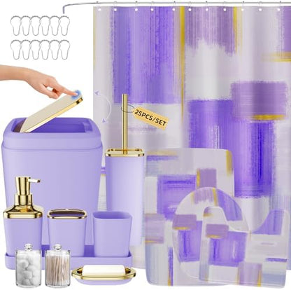 XLHOMO Bathroom Accessories Set - 25PC Bathroom Set with Shower Curtain and Rugs, Purple Bathroom Set, Bathroom Accessory Set with Press-on Lid Trash Can, Soap Dispenser and Qtip Holders