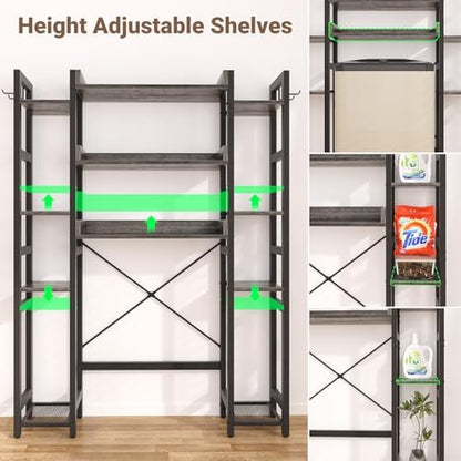 Besiost Over The Toilet Storage, 11 Tier Bathroom Organizer with Dual Side Racks and 2 Fabric Drawers, Adjustable Freestanding Rack Space Saver for Small Spaces, Grey Oak
