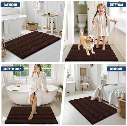 Grandaily Chenille Striped Bathroom Rugs 47x17, Extra Thick and Soft Absorbent Bath Mats, Rubber Backing, Plush Shaggy Shower Carpet, Machine Wash Dry, Bath Rug for Bathroom, Dark Brown
