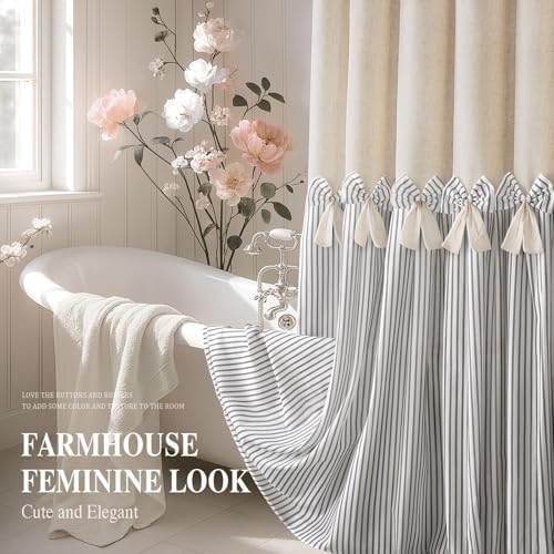 Farmhouse Shower Curtain Linen Bow Pleated Grey Stripe 72"W x 78"L