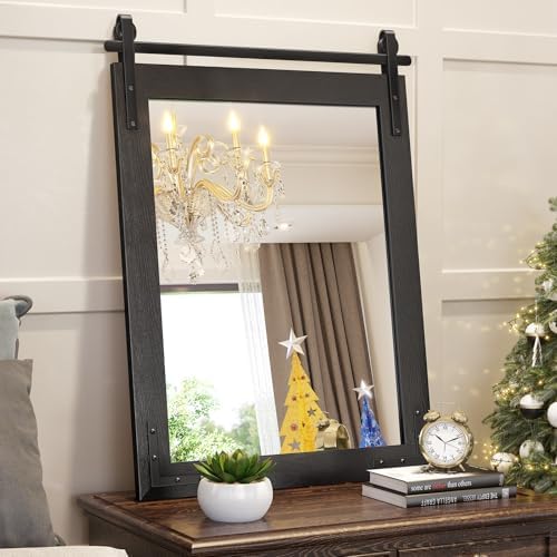 Farmhouse Mirror 28x36 Inch, Black Wood Bathroom Mirror Vanity, Wood Framed Rectangular Wall Rustic Mirrors for Entryway, Living Room, Bedroom