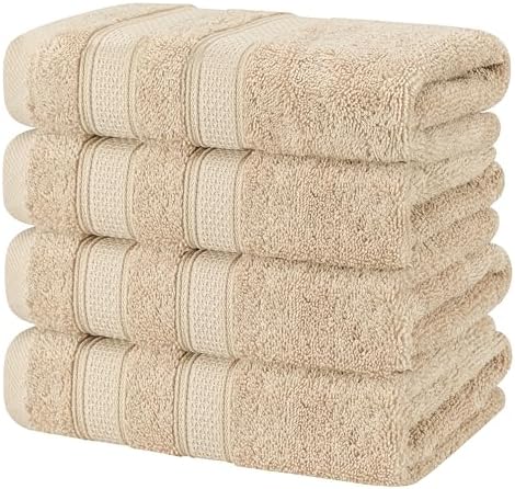 American Soft Linen Salem 100% Cotton Turkish 4 Piece Hand Towels for Bathroom, 600 GSM Soft Absorbent Quickdry Hand Face Towel Set, Beige
