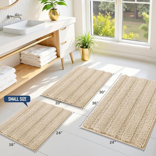 Grandaily Chenille Striped Bathroom Rugs 59x20, Extra Thick and Soft Absorbent Bath Mats, Rubber Backing, Plush Shaggy Shower Carpet, Machine Wash Dry, Bath Rug for Bathroom, Light Beige
