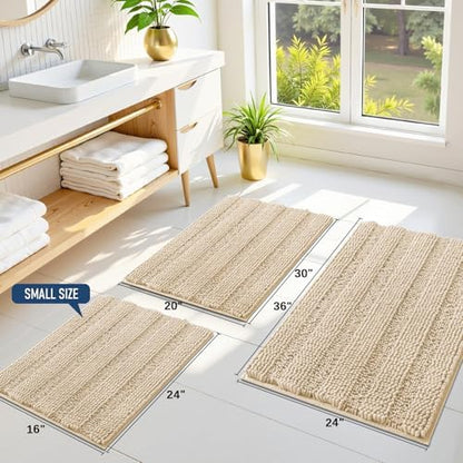 Grandaily Chenille Striped Bathroom Rugs 59x20, Extra Thick and Soft Absorbent Bath Mats, Rubber Backing, Plush Shaggy Shower Carpet, Machine Wash Dry, Bath Rug for Bathroom, Light Beige