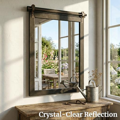 24"x36" Black Wood Grain Barn Door Vanity Mirror with Wood Header