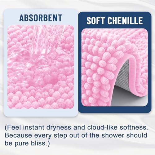 Grandaily Chenille Striped Bathroom Rugs 36x24, Extra Thick and Soft Absorbent Bath Mats, Rubber Backing, Plush Shaggy Shower Carpet, Machine Wash Dry, Bath Rug for Bathroom, Light Pink