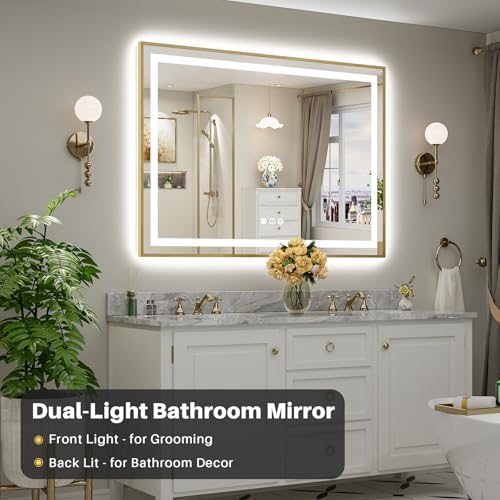 55x40 Inch LED Bathroom Mirror with Gold Frame, Backlit & Front Lit