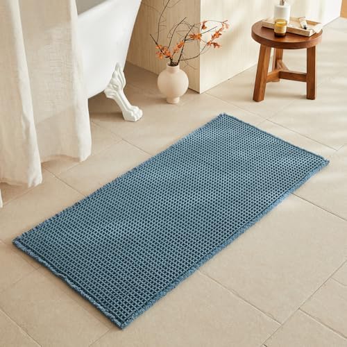 TYUU Waffle Bath Mat, Boho Bathroom Rugs Non Slip, 48x24 Denim Blue