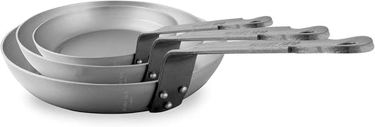 Mauviel M'Steel Black Carbon Natural Nonstick 3-Piece Frying Pan Set With Iron Handle, Suitable For All Cooking Surfaces, Made in France