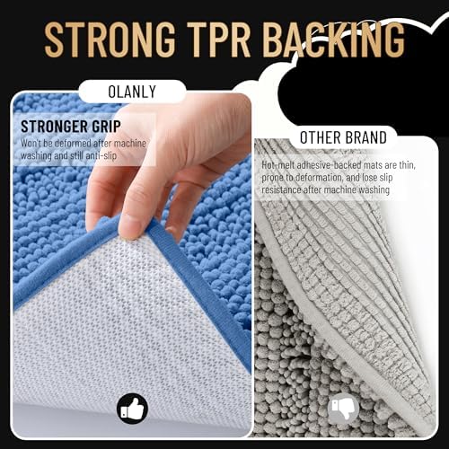 OLANLY Bathroom Runner Rugs 44x24, Soft Chenille Bath Rugs, Cornflower Blue