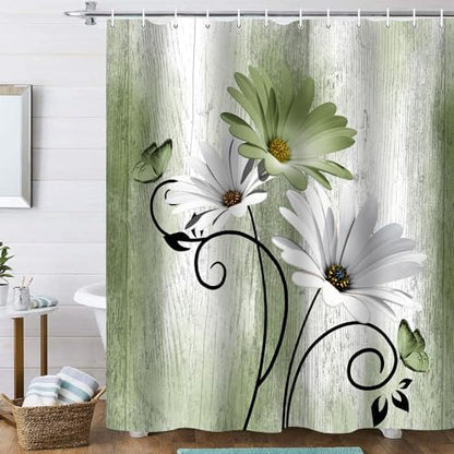 Onalasyc 4PCS Grass Green Daisy Bathroom Sets with Shower Curtain and Rugs