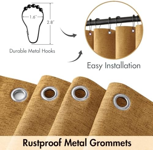 MIULEE 72 x 84 Extra Long Linen Shower Curtain Gold 12 Metal Hooks