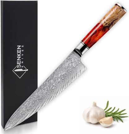 SENKEN Damascus Steel Chef's Knife - Tsunami Collection - 67-Layer Japanese VG10 Steel Core - Unique Blue Resin & Natural Wood Handle, Razor Sharp, Beautiful Damascus Wave Pattern (Red)