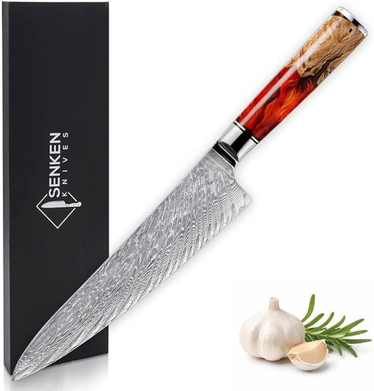SENKEN Damascus Steel Chef's Knife - Tsunami Collection - 67-Layer Japanese VG10 Steel Core - Unique Blue Resin & Natural Wood Handle, Razor Sharp, Beautiful Damascus Wave Pattern (Red)