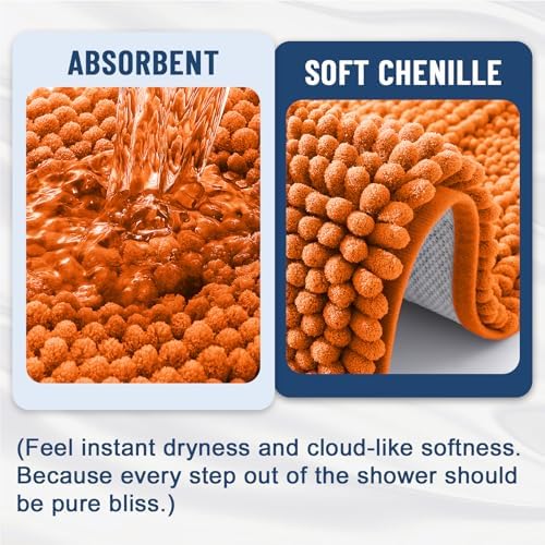 Grandaily Chenille Striped Bathroom Rugs 44x24, Extra Thick and Soft Absorbent Bath Mats, Rubber Backing, Plush Shaggy Shower Carpet, Machine Wash Dry, Bath Rug for Bathroom, Clay
