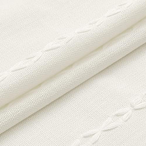 Boho Farmhouse Tassel Linen Shower Curtain,3D Embroidery Stripe Ivory,72x84