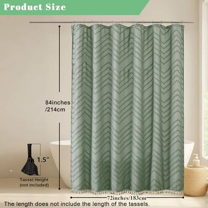 OWENIE Extra Long Sage Green Boho Shower Curtain, Chic Tufted Chevron Striped Textured Fabric Cloth Shower Curtains with Tassel for Bathroom, Soft Hotel Style Farmhouse, Machine Washable, 72x84