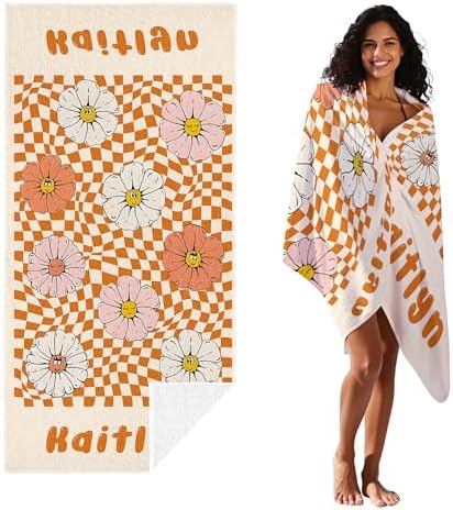 JML Personalized Beach Towel with Name, Custom Flower Beach Towel, Customized Microfiber Pool Towel, Quick Dry & Absorbent Swim Towel for Adult,Anniversary, Birthday, Summer Holiday,Vacation