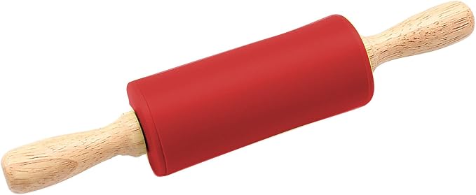 Red Rolling Pin, 9 Inch Silicon Rolling Pin with Wooden Handle for Kneading the Dough of Baking Bread, Pizza, Cookie, Noodles (red, 9 inch)