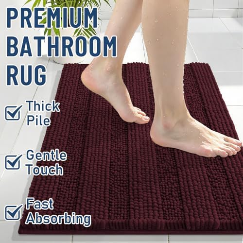 Grandaily Chenille Striped Bathroom Rugs 36x24, Extra Thick and Soft Absorbent Bath Mats, Rubber Backing, Plush Shaggy Shower Carpet, Machine Wash Dry, Bath Rug for Bathroom, Black Cherry