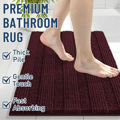 Grandaily Chenille Striped Bathroom Rugs 24x16, Extra Thick and Soft Absorbent Bath Mats, Rubber Backing, Plush Shaggy Shower Carpet, Machine Wash Dry, Bath Rug for Bathroom, Black Cherry